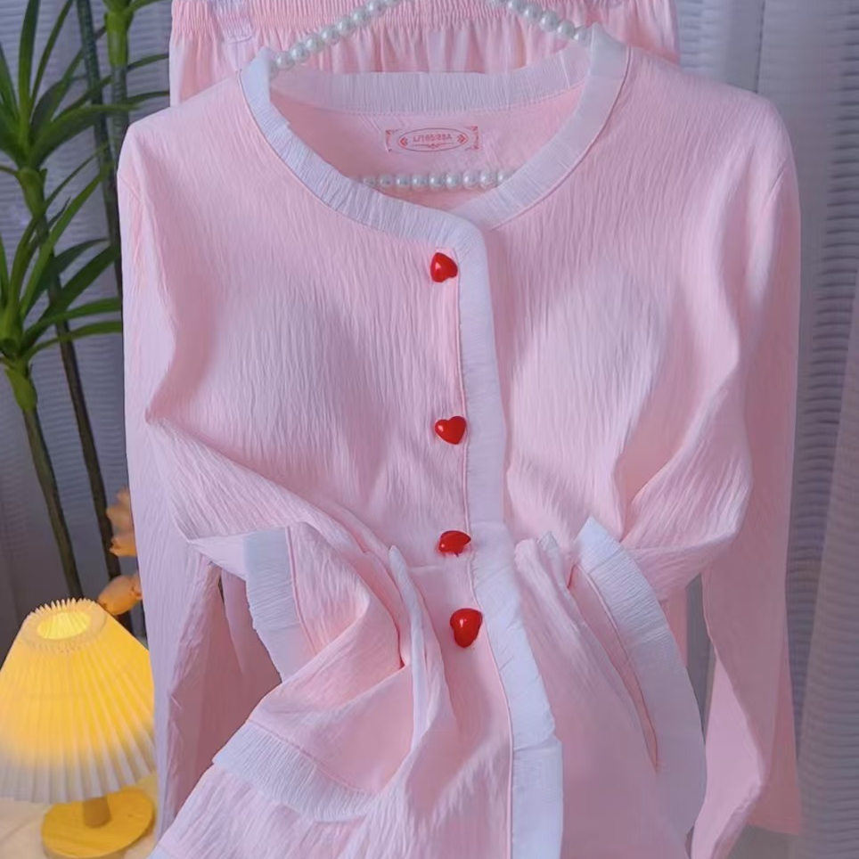 早春秋软绵绵女爱心纽扣甜美舒适居家服睡衣