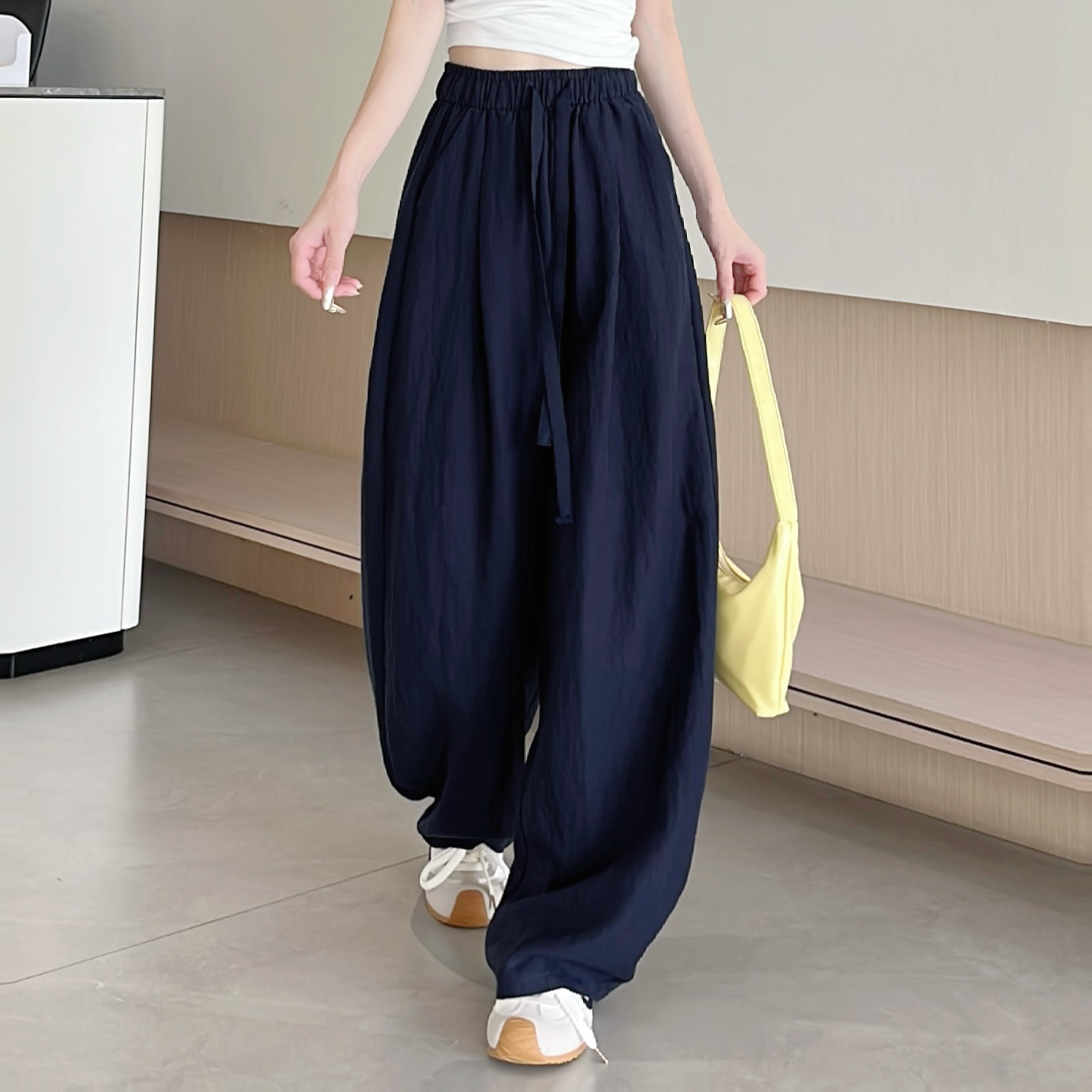 【现货运险】夏季时尚百搭阔腿裤抽绳松紧腰简约弯刀裤休闲裤KK