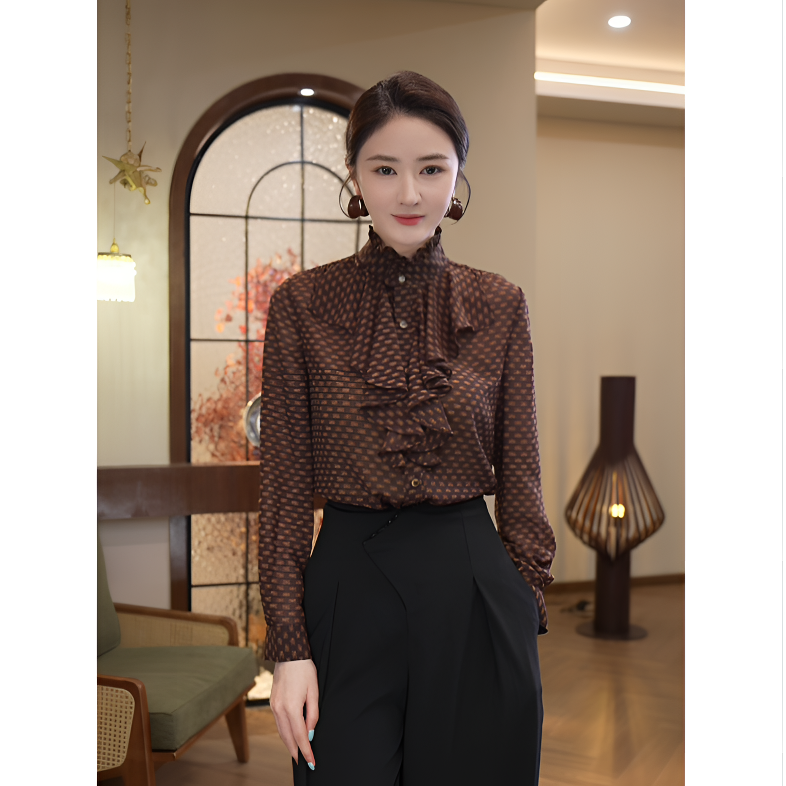现货2025秋季新款【6946】轻奢小众高级咖色荷叶边女装长袖衬衫上衣