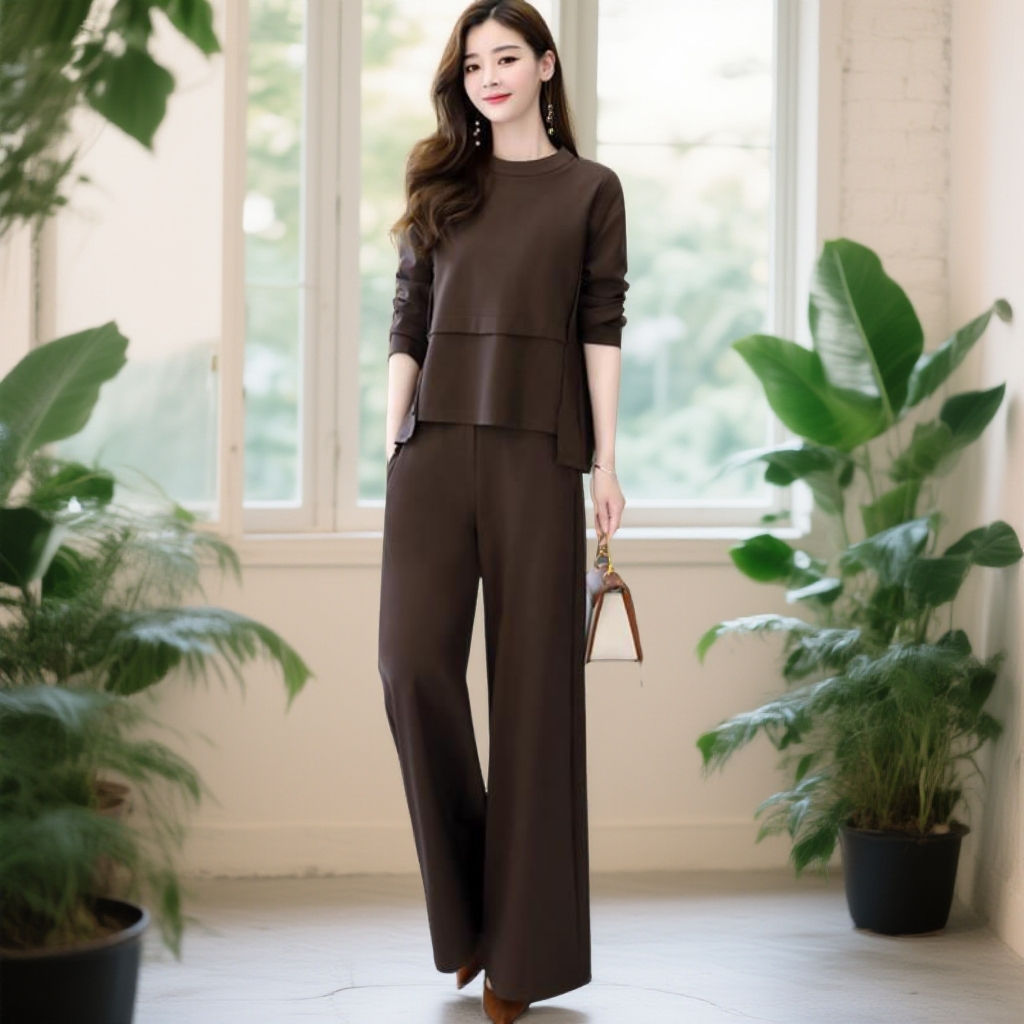 大码秋季减龄网红显瘦套装东南亚新款时髦两件套洋气气质阔腿裤女