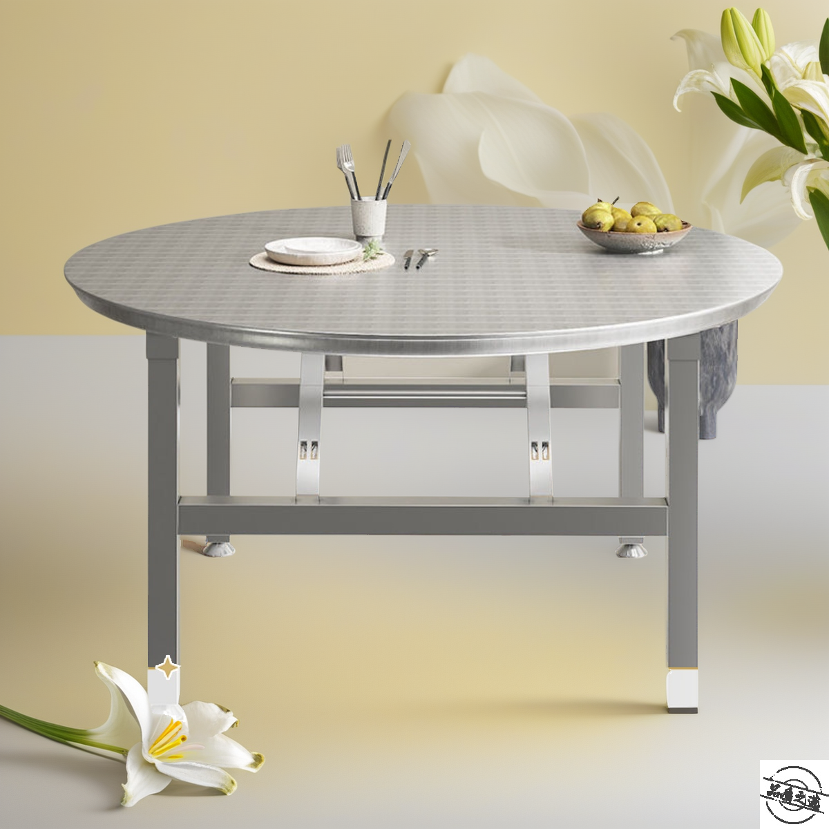 可折叠夜宵摊位大圆桌厚实不锈钢餐饮桌酒店农村流水席折叠圆桌子