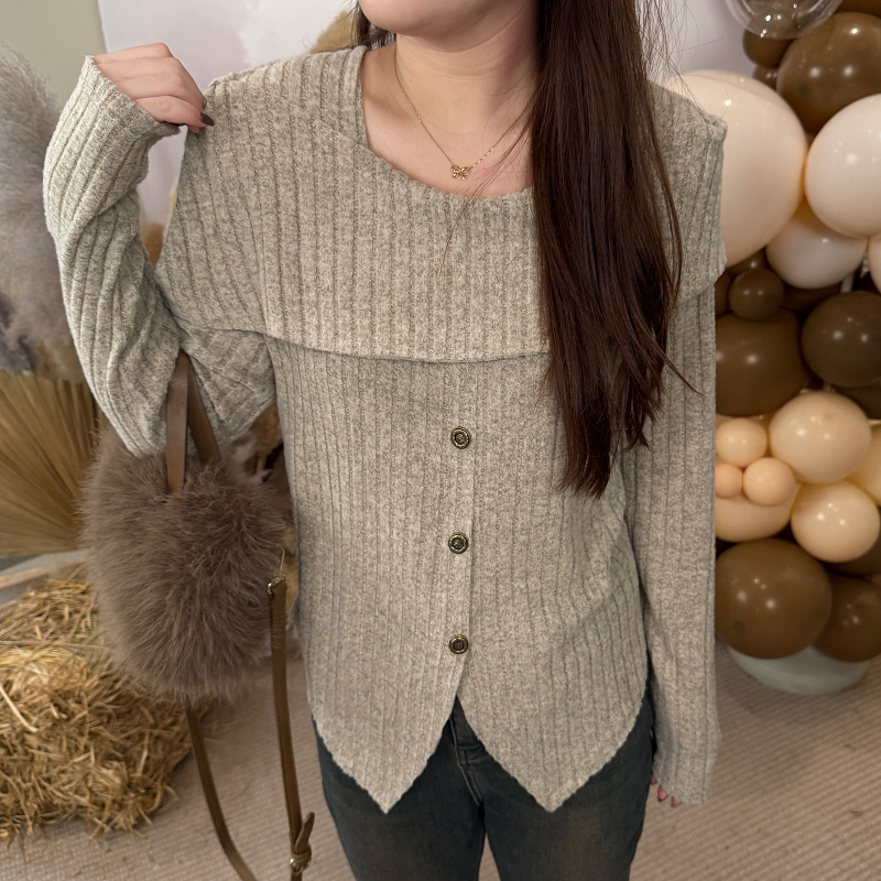 南岛风大码女装一字肩拼接方领针织衫女秋冬开叉绒感上衣ZYY1273