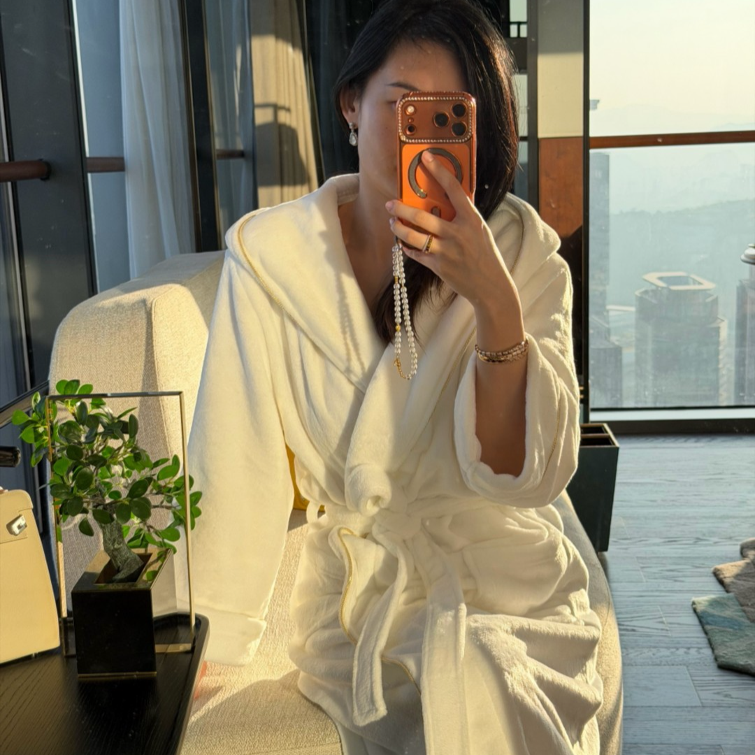 外贸欧美单浴袍外穿冬款加绒加厚时尚连帽家居服保暖女士男士睡袍