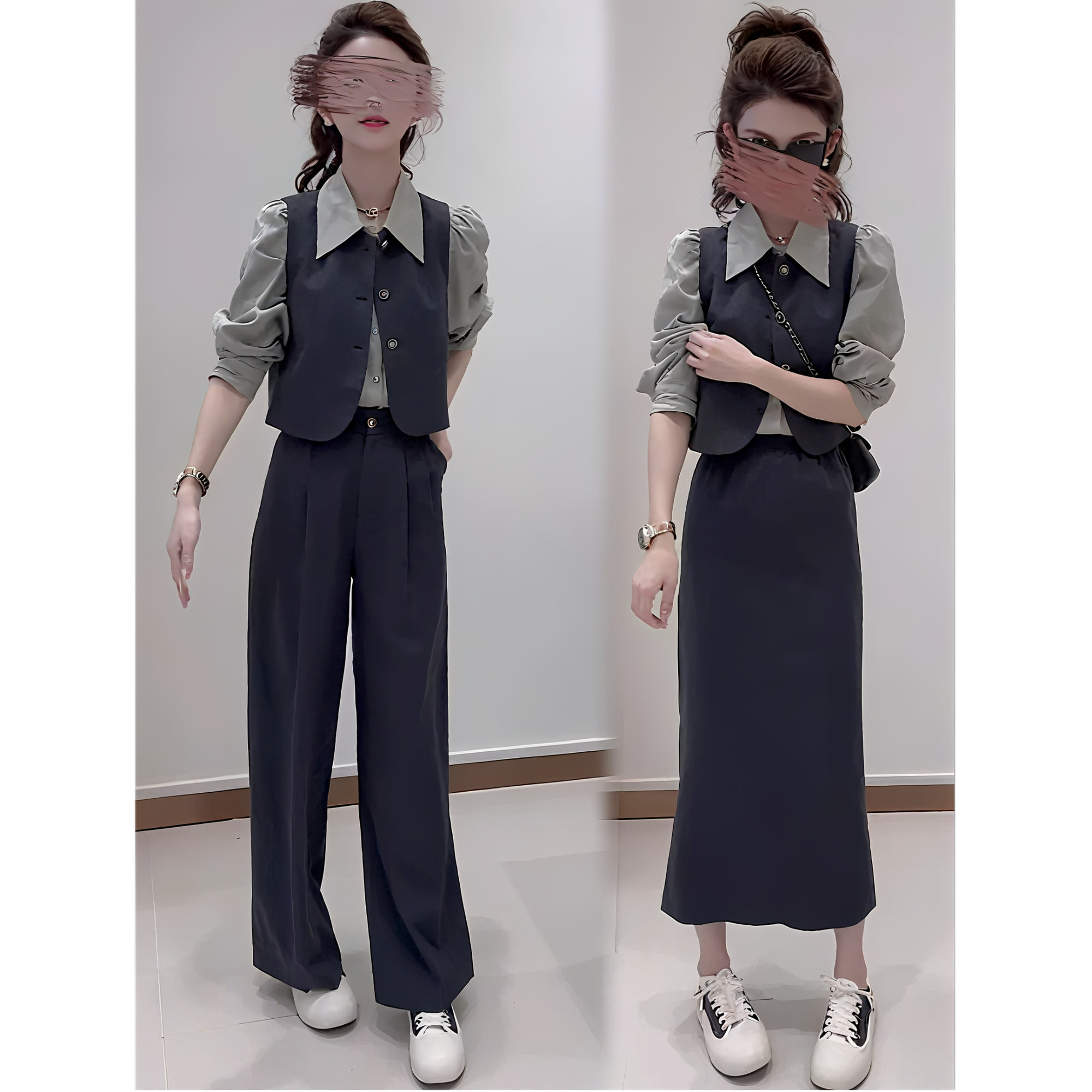 网红减龄套装女时尚洋气衬衫马甲阔腿裤气质小香风三件套2025秋季