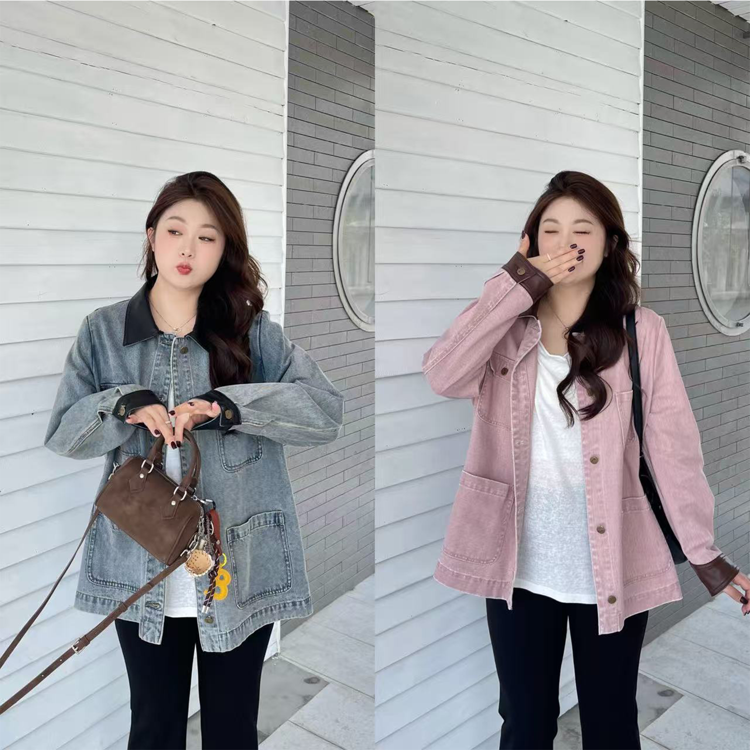 裂渡宣宣【缤纷秋日】微胖大码女秋百搭显瘦撞色牛仔外套ZY507V05