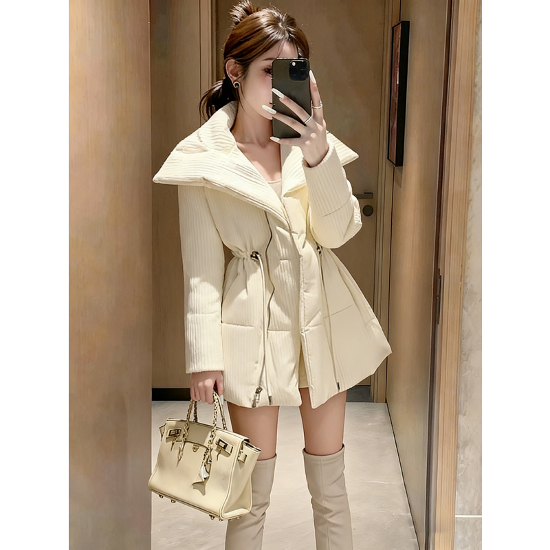 网红同款2025冬季新款个性翻领条纹面料抽绳收腰保暖棉服棉衣外套