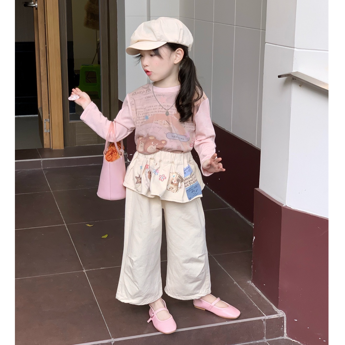 壹妈韩版童装女童2025秋冬新款套装时尚女宝粉色长袖T恤屁帘长裤