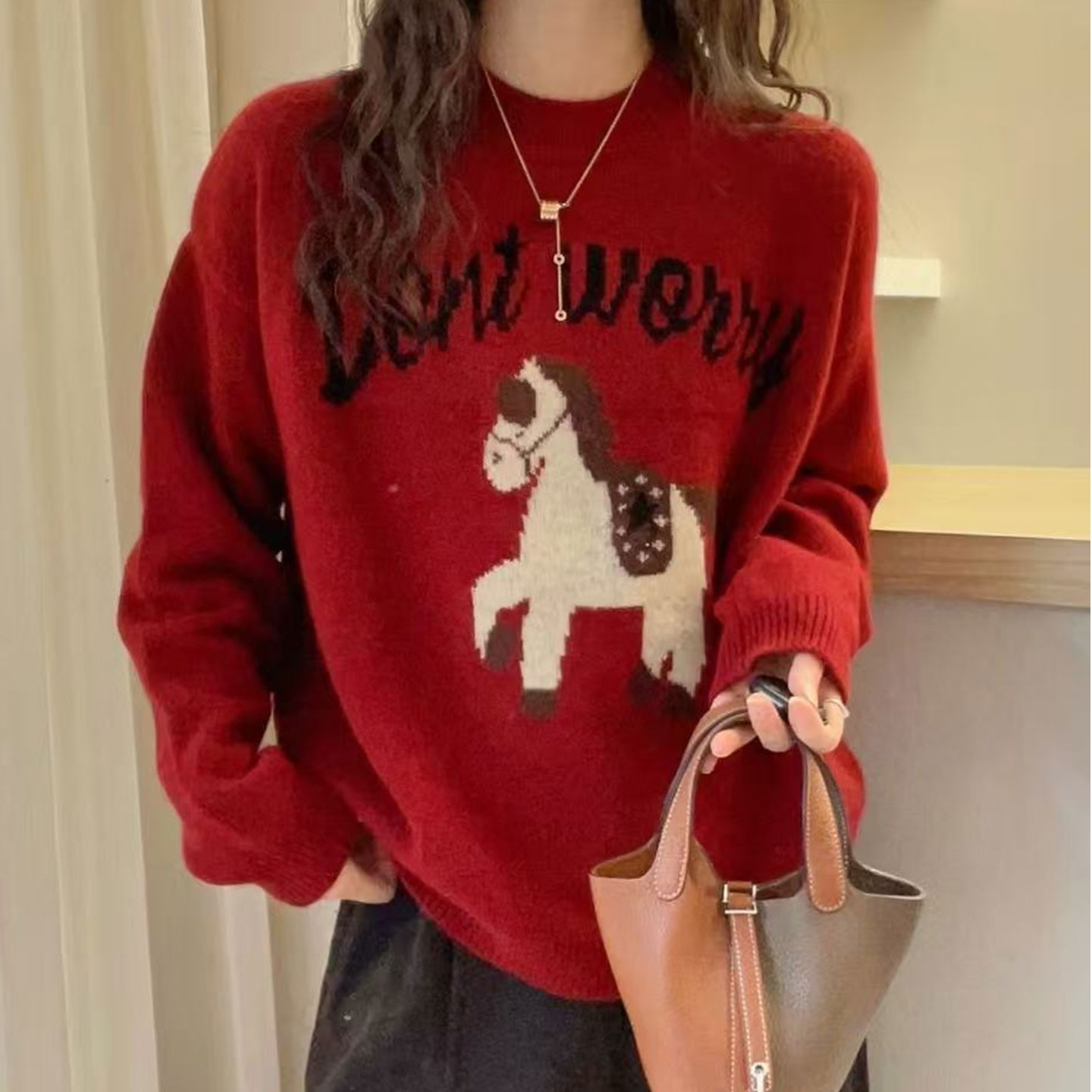 欧货高端大牌元旦红小马提花长袖针织衫2025秋冬款休闲红色上衣