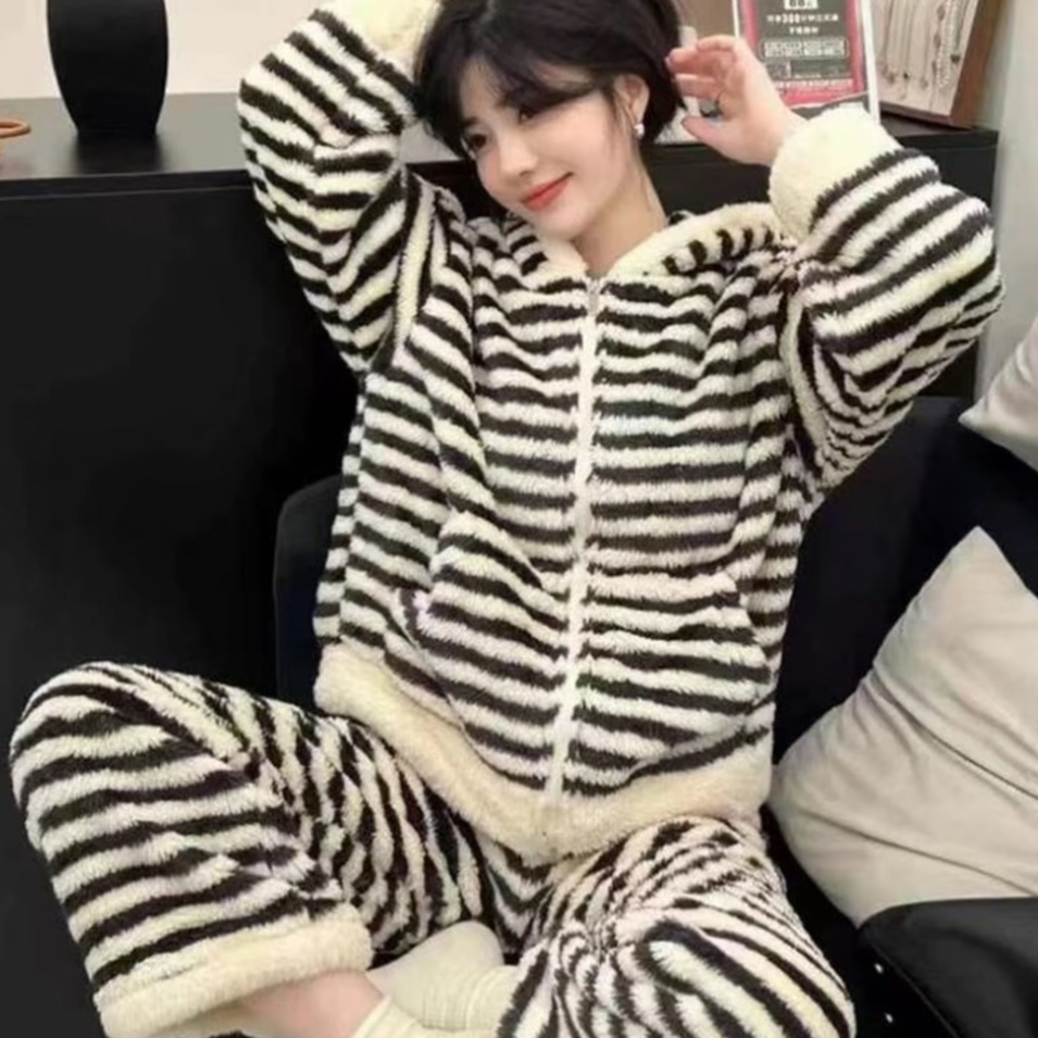 条纹连帽宽松拉链加厚保暖慵懒风女士睡衣家居服套装G