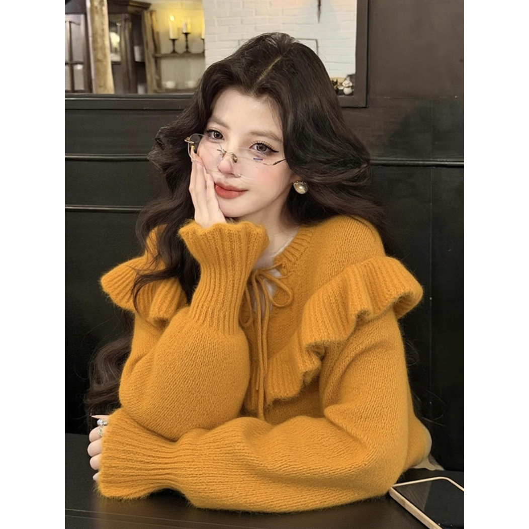 法式慵懒高智感秋冬新款橘色荷叶边系带毛衣设计感软糯针织衫女