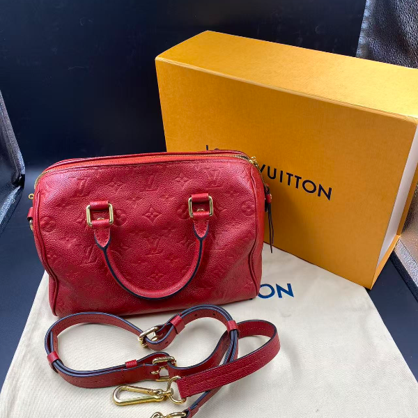 95新 LouisVuitton/路易威登 LV牛红色纯牛皮speedy25肩带款