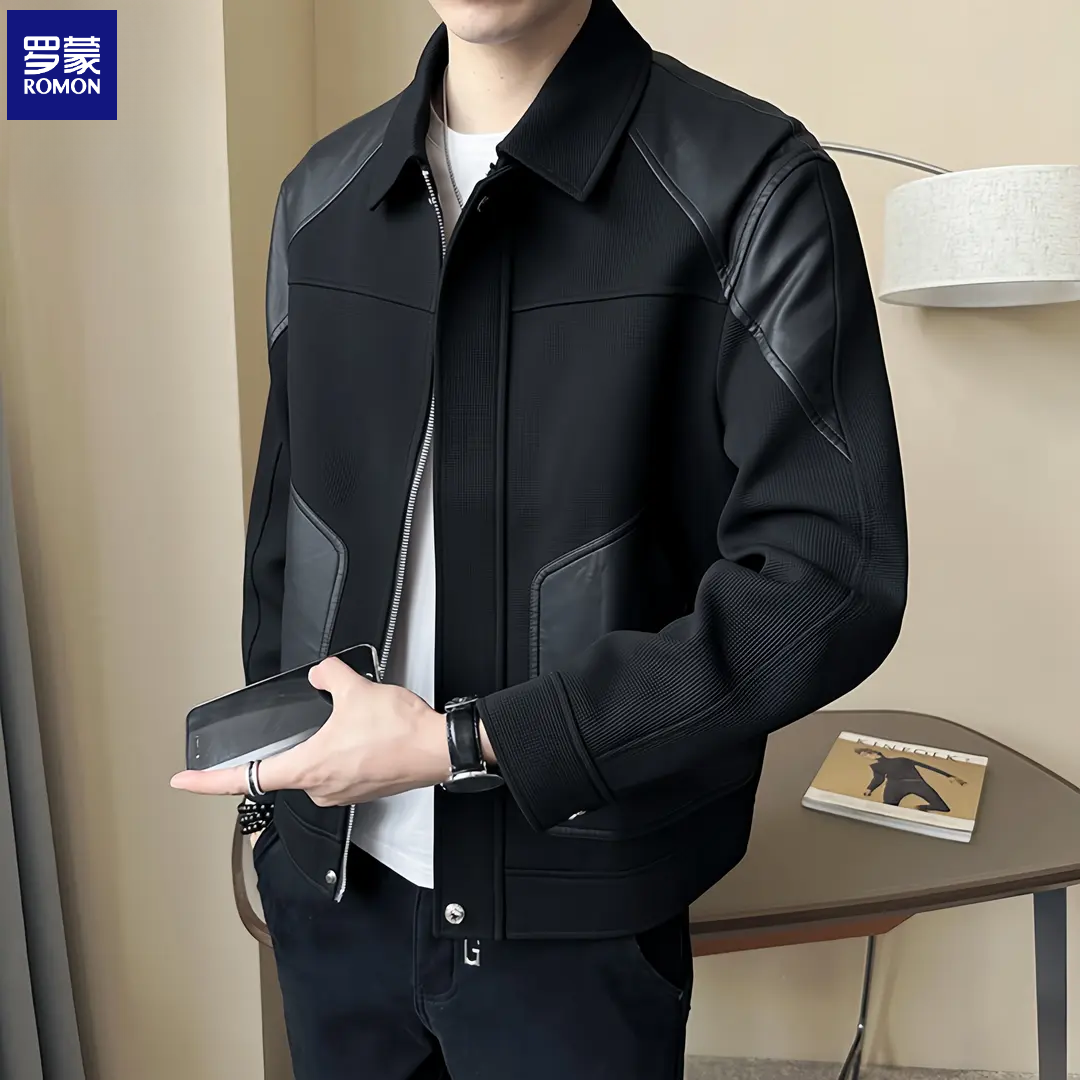 罗蒙皮夹克外套男秋冬2025新款时尚潮牌拼接商务休闲夹克男装皮衣