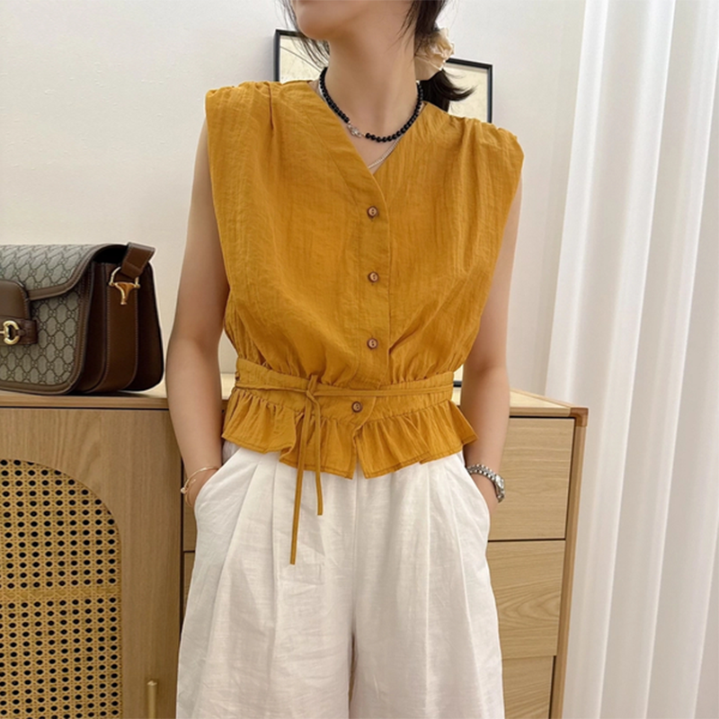 卡莲格/韩版时尚百搭V领无袖衬衫夏季款褶皱下摆系带显瘦短袖上衣