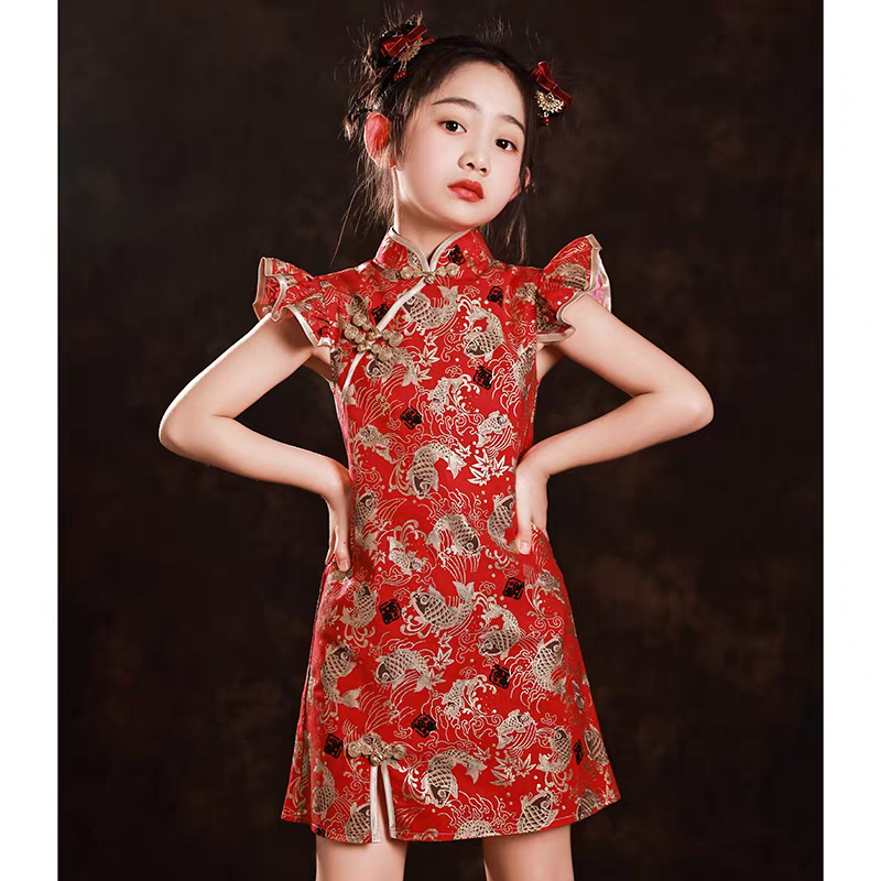 女童红色改良旗袍夏季国潮连衣裙模特走秀潮服国风演出新中式