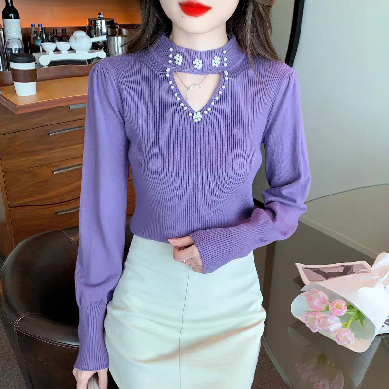 加绒显瘦秋冬贴身软糯钉珠针织打底衫女内搭保暖衣新款漏爱心毛衣