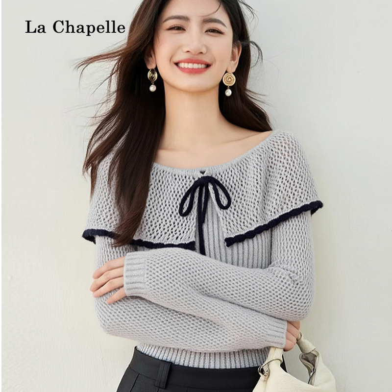 拉夏贝尔法式镂空灰色披肩甜辣风女秋季新款设计感小众针织衫上衣
