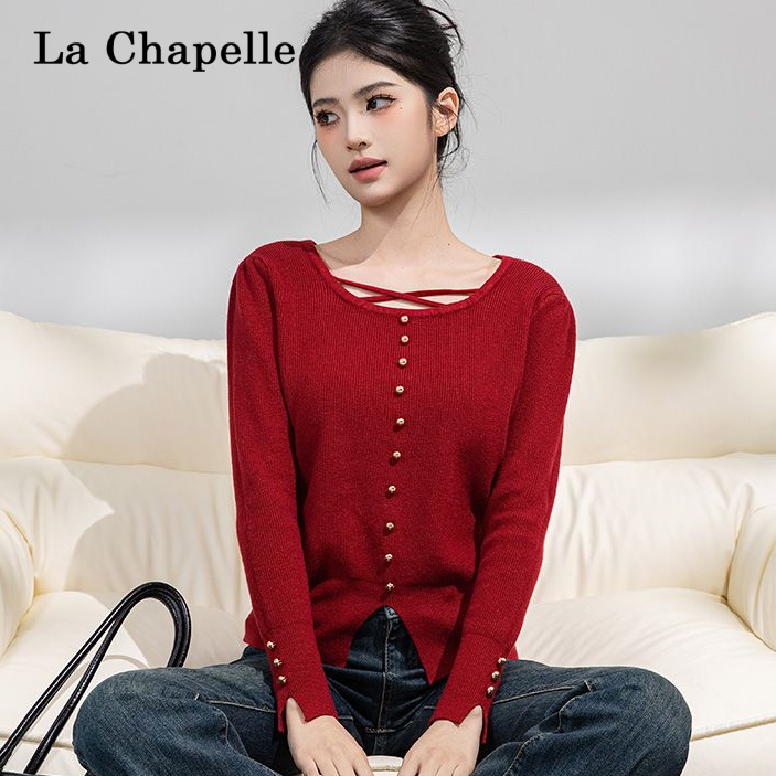 拉夏贝尔针织薄款可爱风衬衫袖毛针织衫上衣女红色女装秋冬季新款