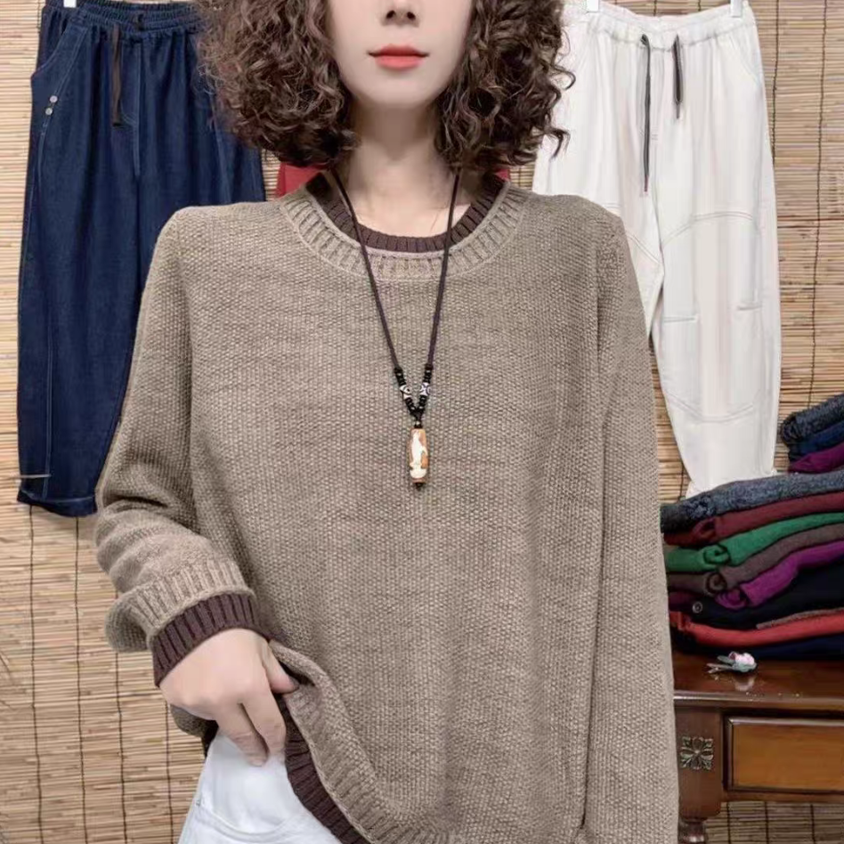 复古怀旧风针织衫女圆领打底衫宽松百搭减龄秋冬新款毛衣女上衣潮