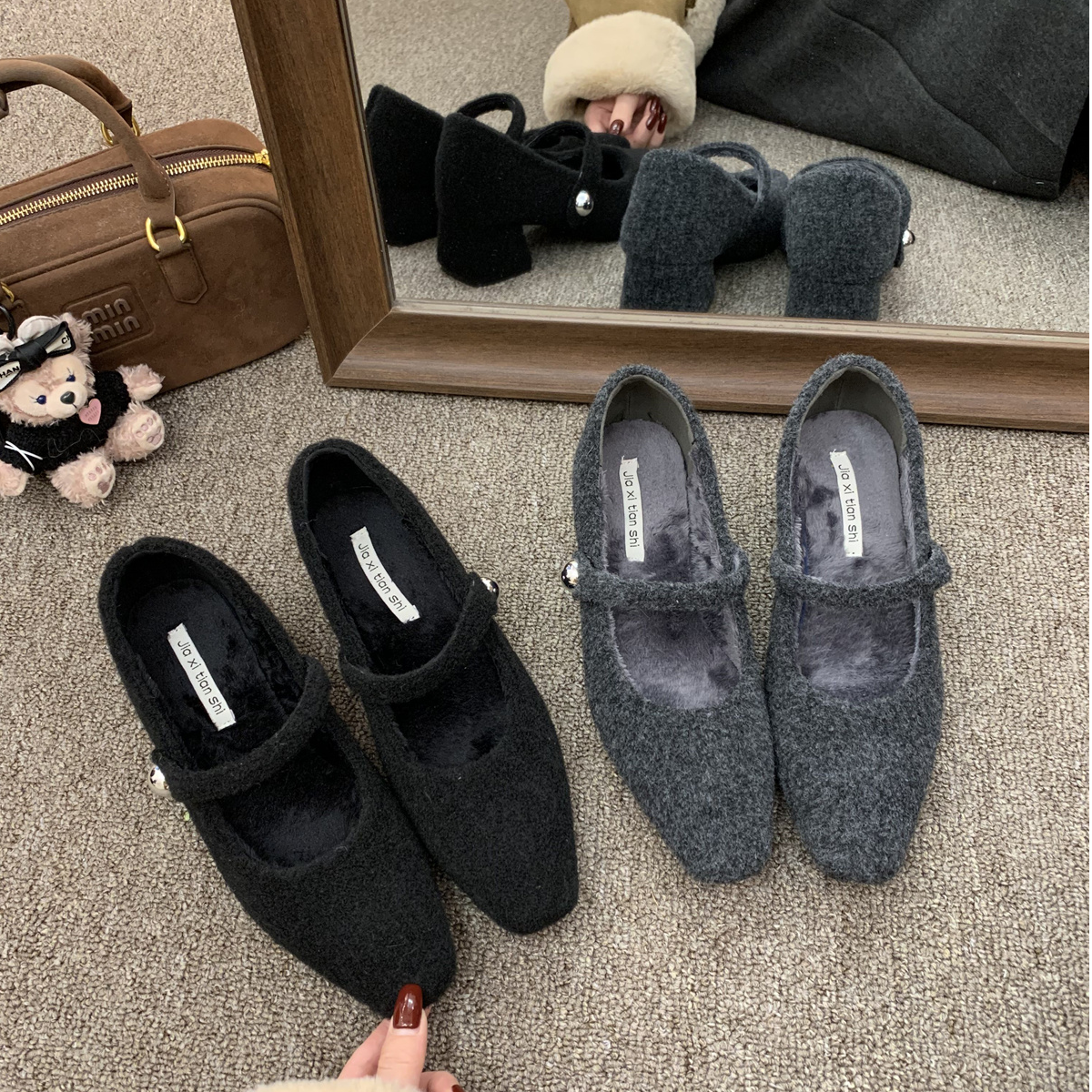 粗跟单鞋女2025秋冬新款 法式方头一字带浅口加绒增高玛丽珍单鞋