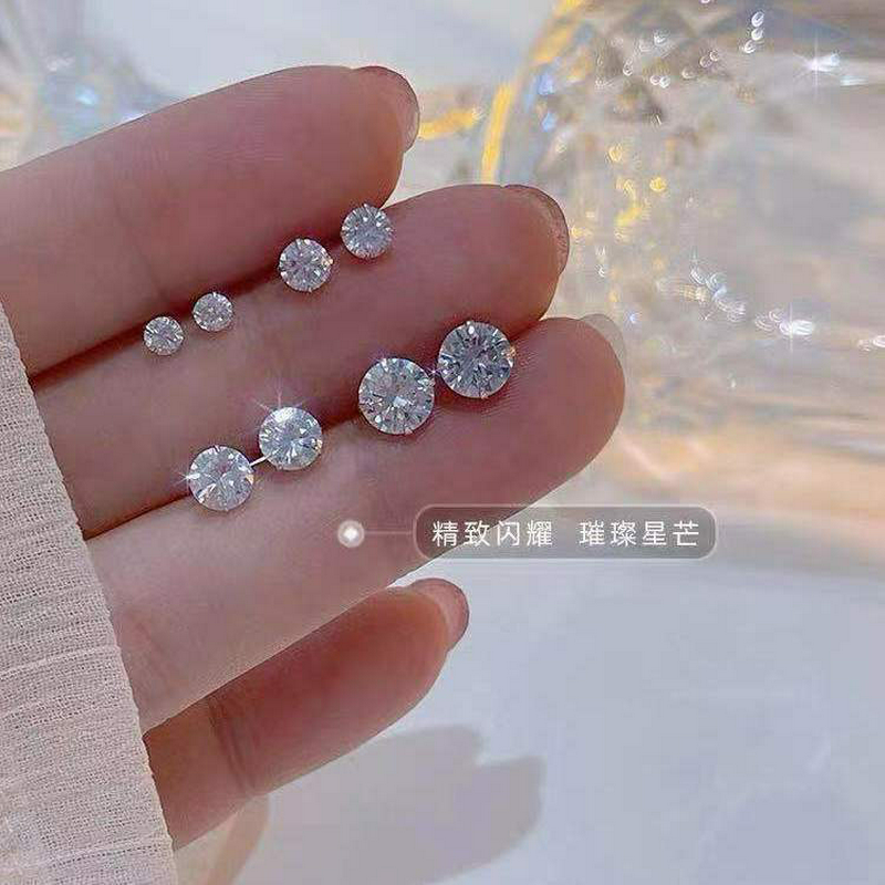 s925银针闪锆石耳钉女养耳洞耳骨钉防掉小众高级感睡觉免摘简约