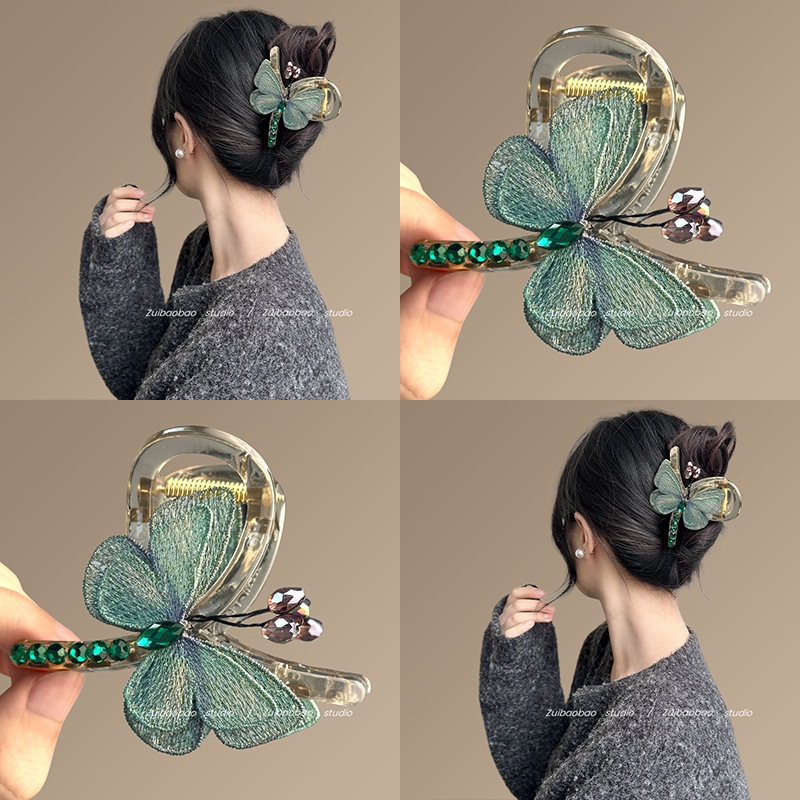 青荷蝶色~气质覆古风刺绣蝴蝶抓夹后脑勺半扎鲨鱼蝴蝶结珍珠抓夹