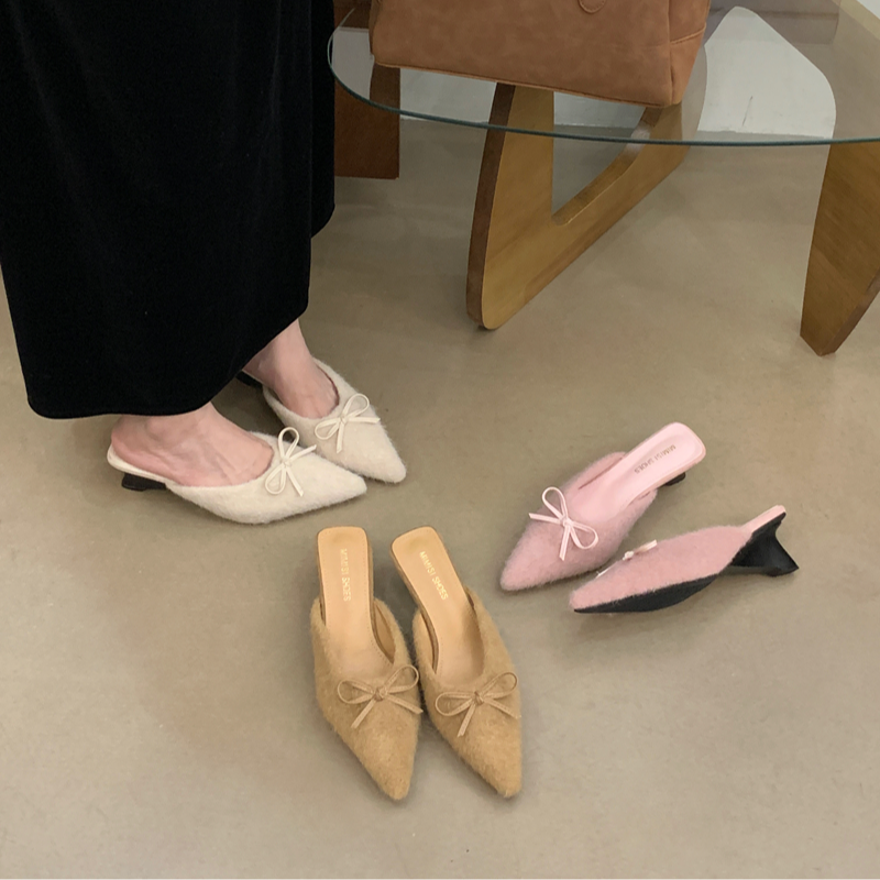 AL-873-8仙女风粗跟法式毛毛拖鞋女秋冬季蝴蝶结气质包头半拖鞋