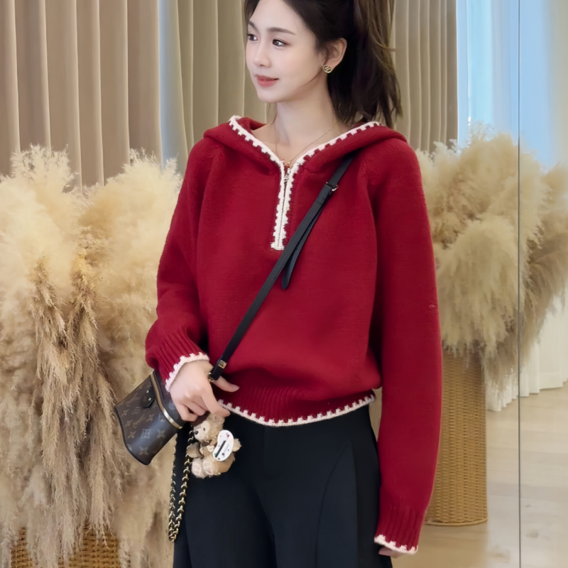 慵懒风半拉链连帽撞色毛衣女2025秋冬季宽松显瘦休闲上衣大码女装