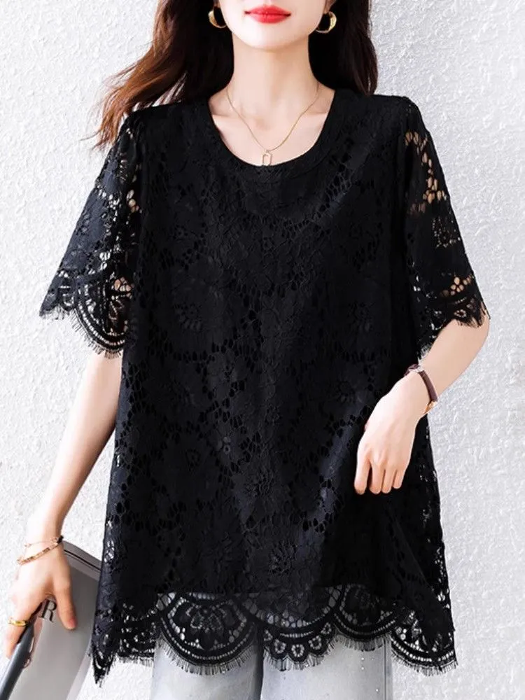 2025新款大码中长款圆领蕾丝衫气质轻奢宽松遮肉显瘦黑色短袖上衣