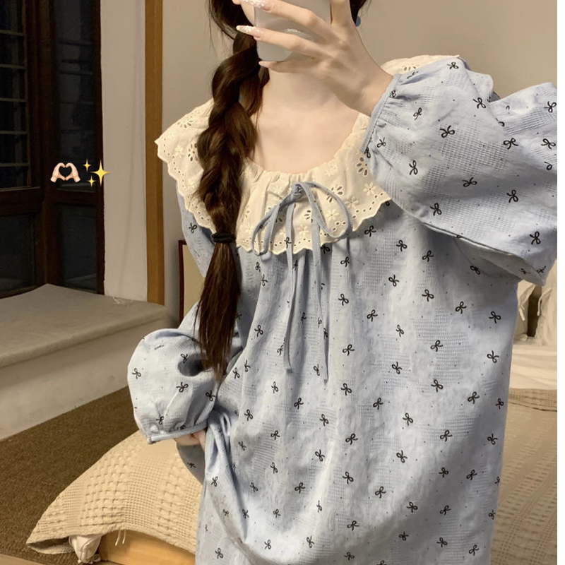 睡衣女春秋季新款长袖长裤韩版甜美可爱蕾丝蝴蝶结学生家居服套装