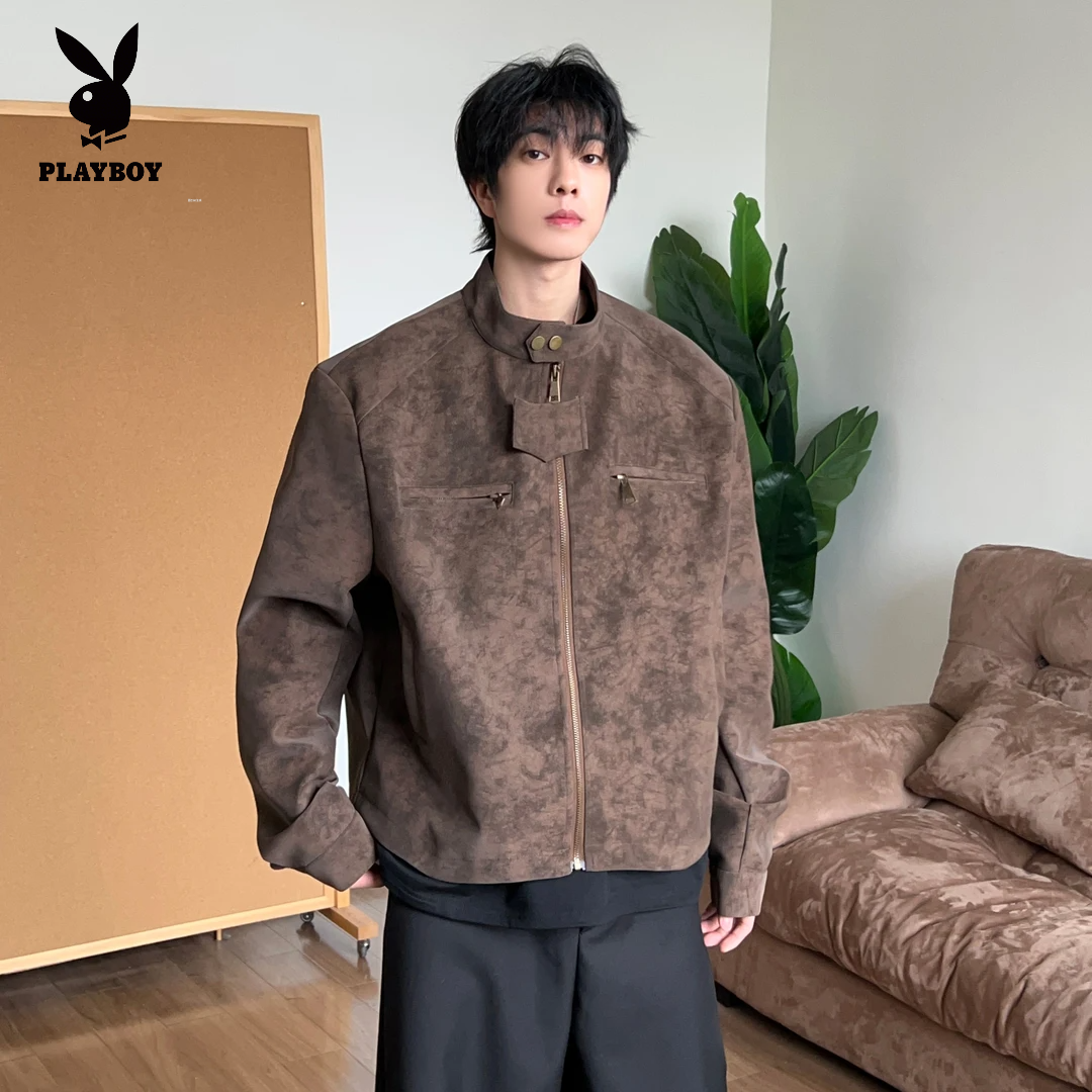 花花公子男夹克宽松立领短款休闲春秋百搭潮流美式机车服复古外套