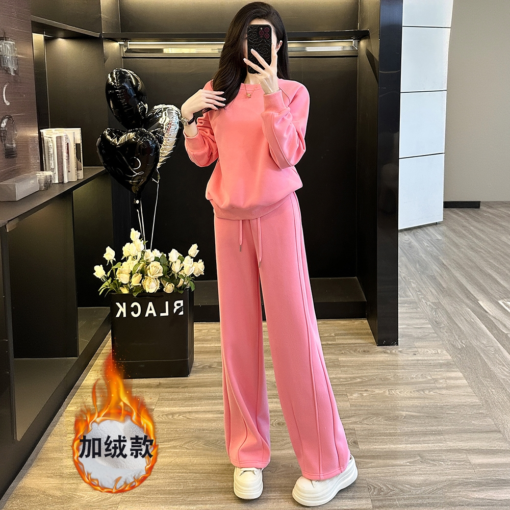 高级感蓝色休闲运动套装女秋冬显瘦加绒加厚圆领卫衣阔腿裤两件套