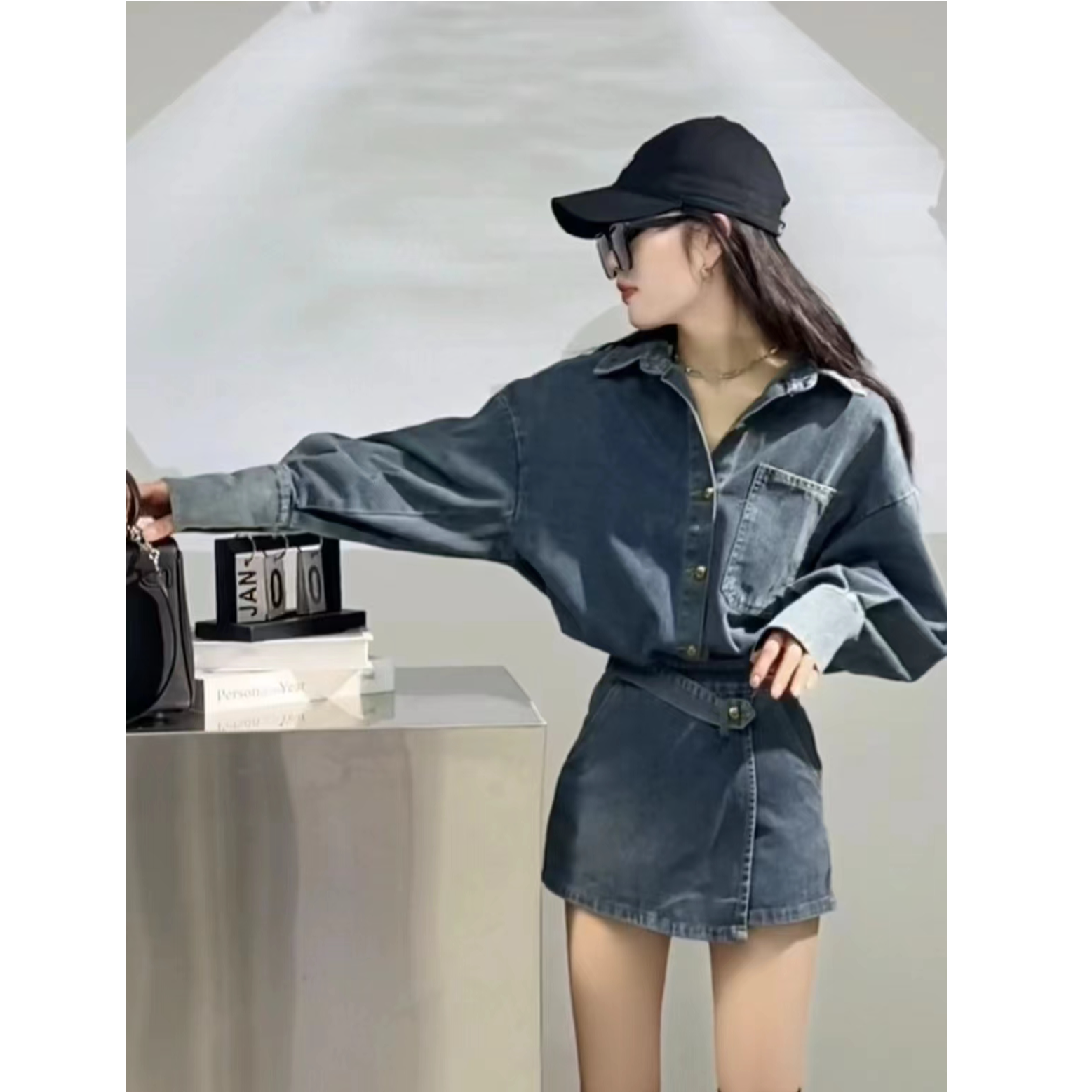 美式复古设计感排扣外套半身裙高级感宽松翻领外套高腰不规则短裙