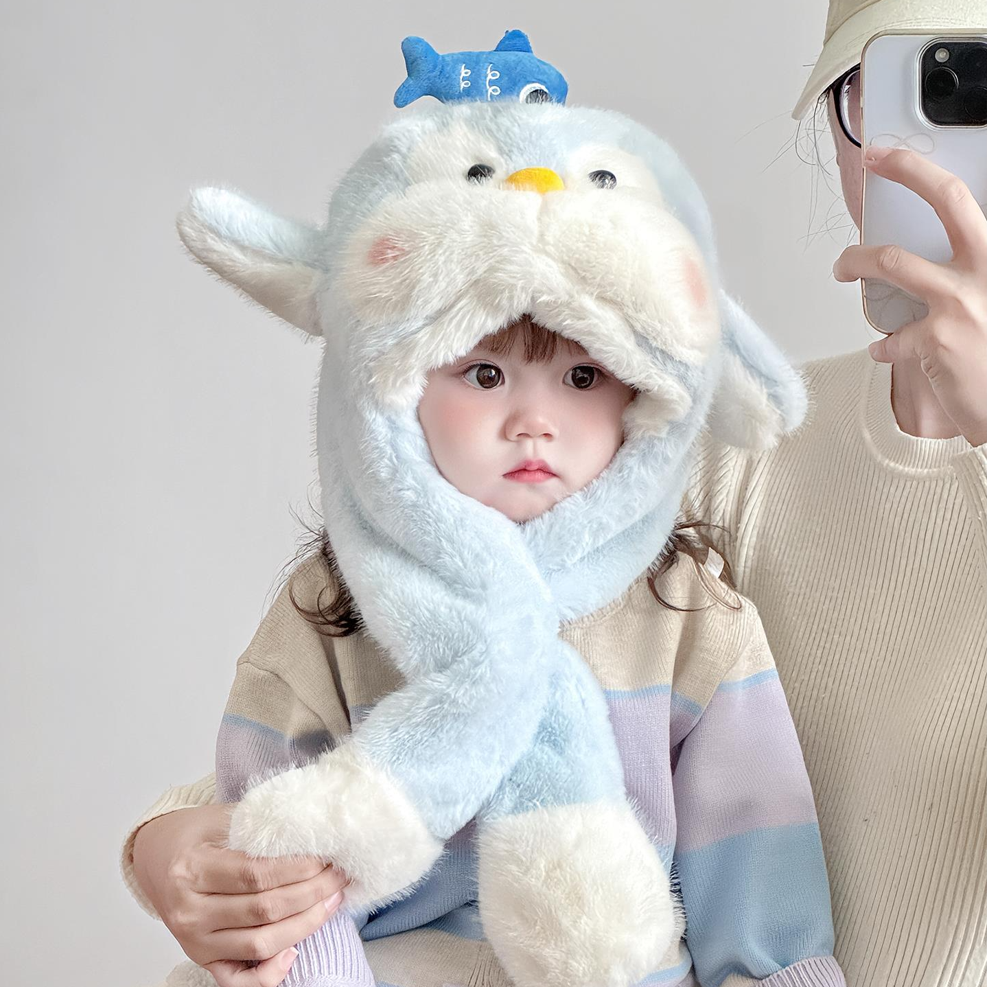 儿童帽子围巾一体会动耳朵两件套男女宝宝秋冬季保暖加厚毛绒帽潮