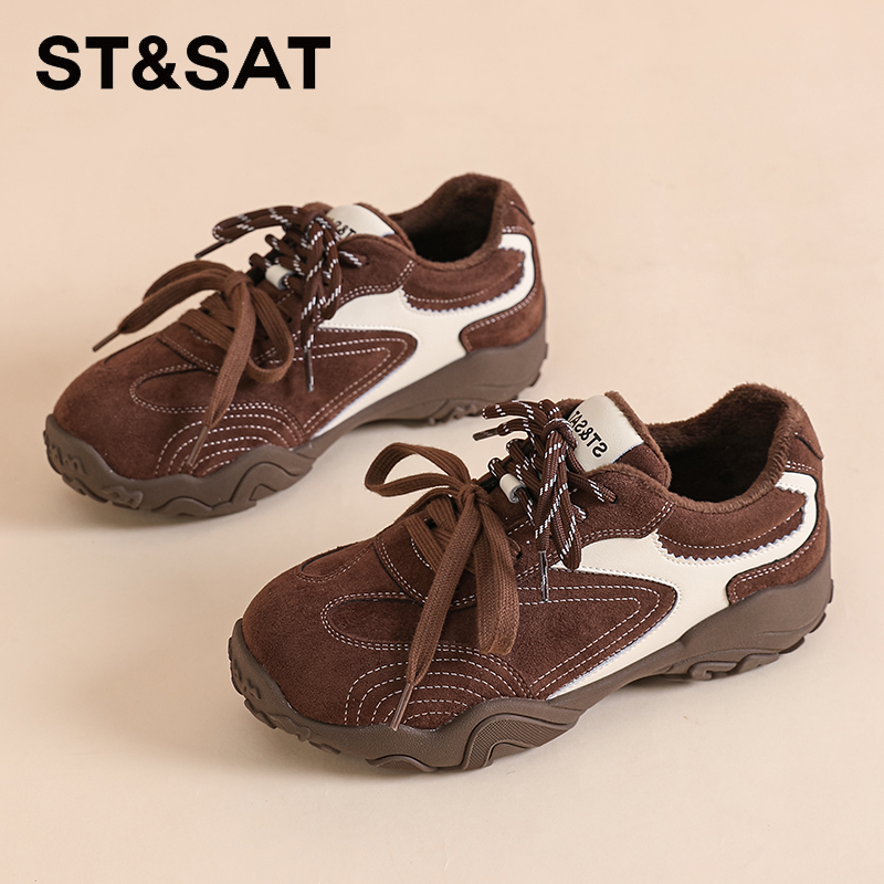 星期六真皮加绒德训鞋女2025爆款冬季休闲运动鞋学院风拼色阿甘鞋