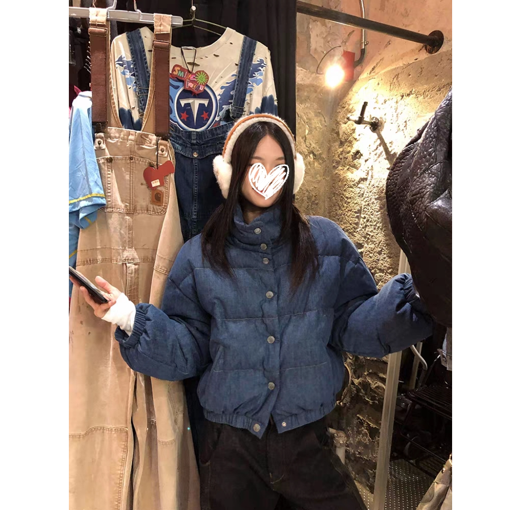 蓝色牛仔羽绒棉服女款冬小个子设计感立领水洗加厚棉袄外套#W8520