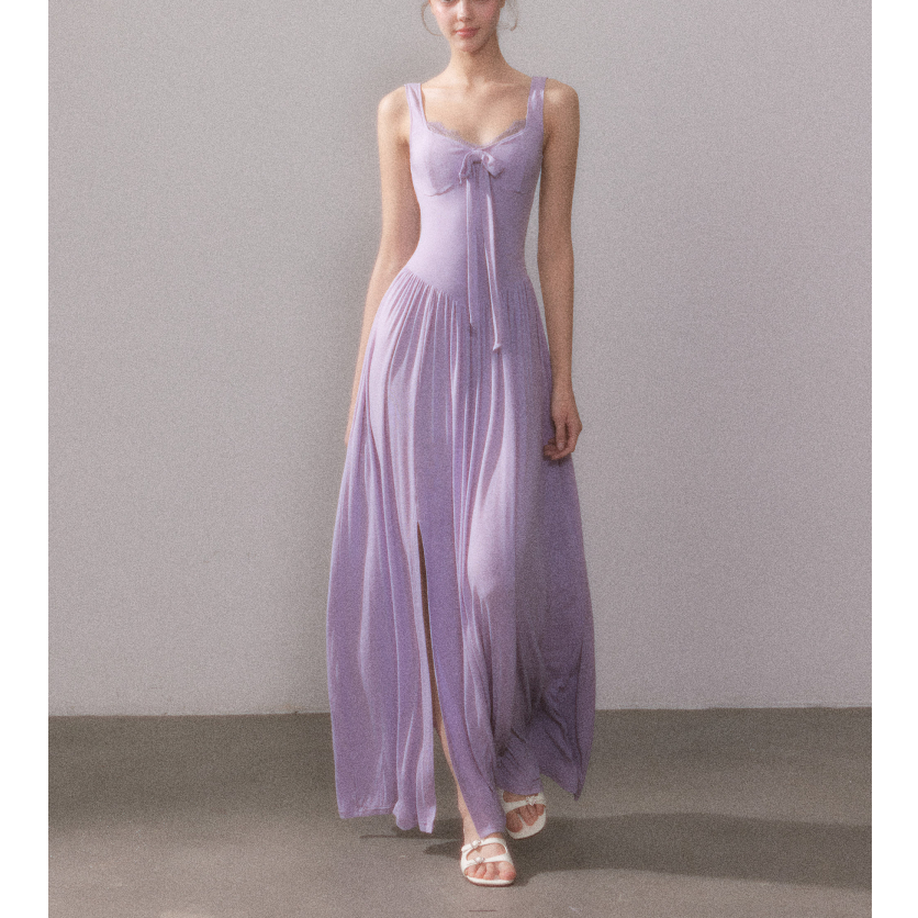 YZZIHE 云间晨雾 灵感缪斯法式蕾丝针织吊带开衩长连衣裙