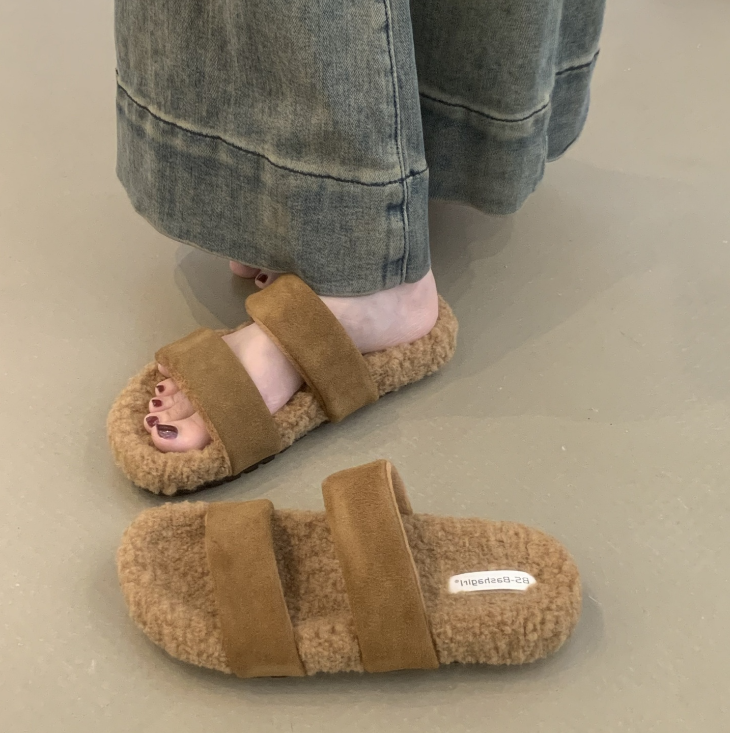 BS-H995-2网红厚底拖鞋女外穿2025韩版复古磨砂加绒一字毛毛绒拖