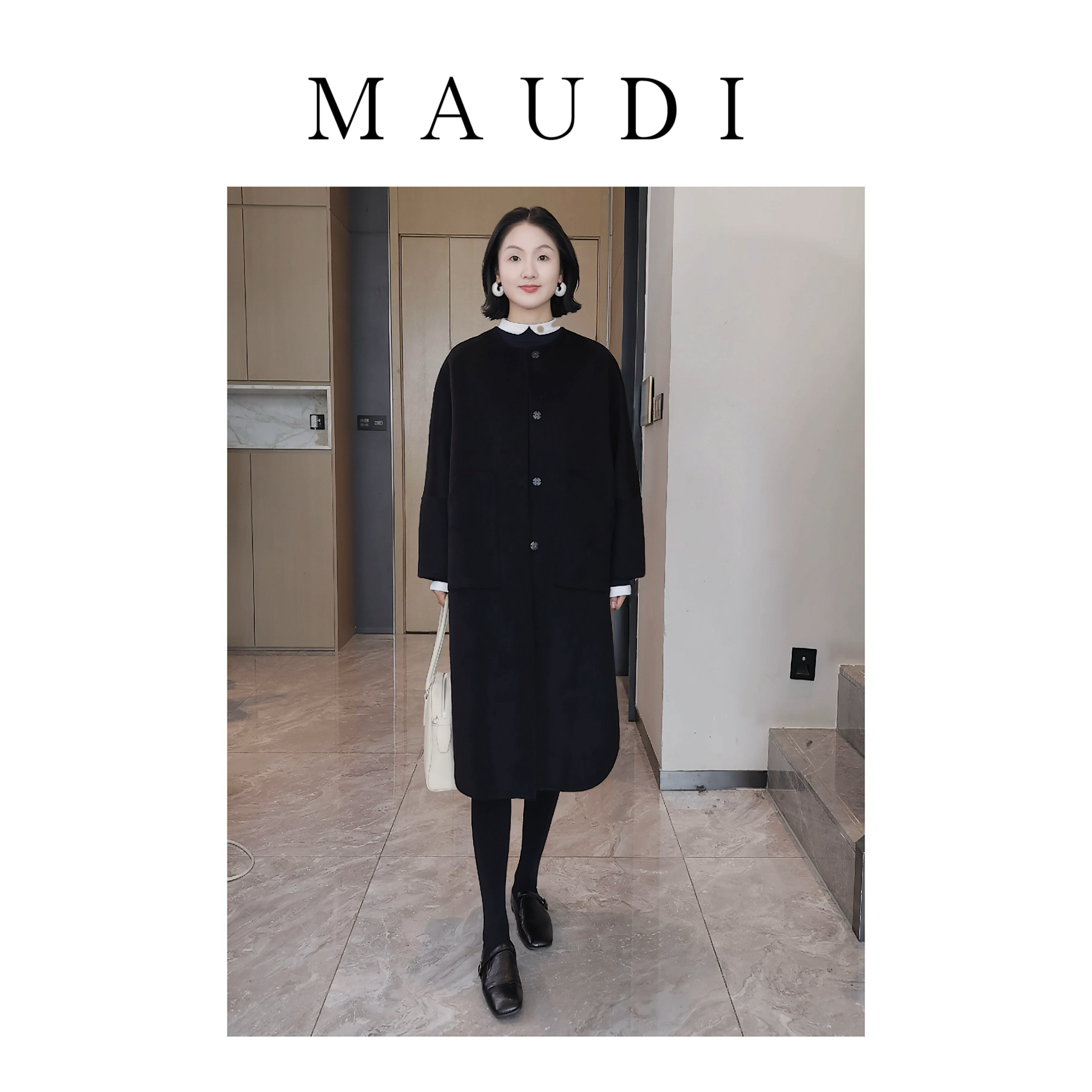 MAUDI一盏暖茶2025秋冬季新款经典羊绒羊毛圆领双面呢大衣女8238