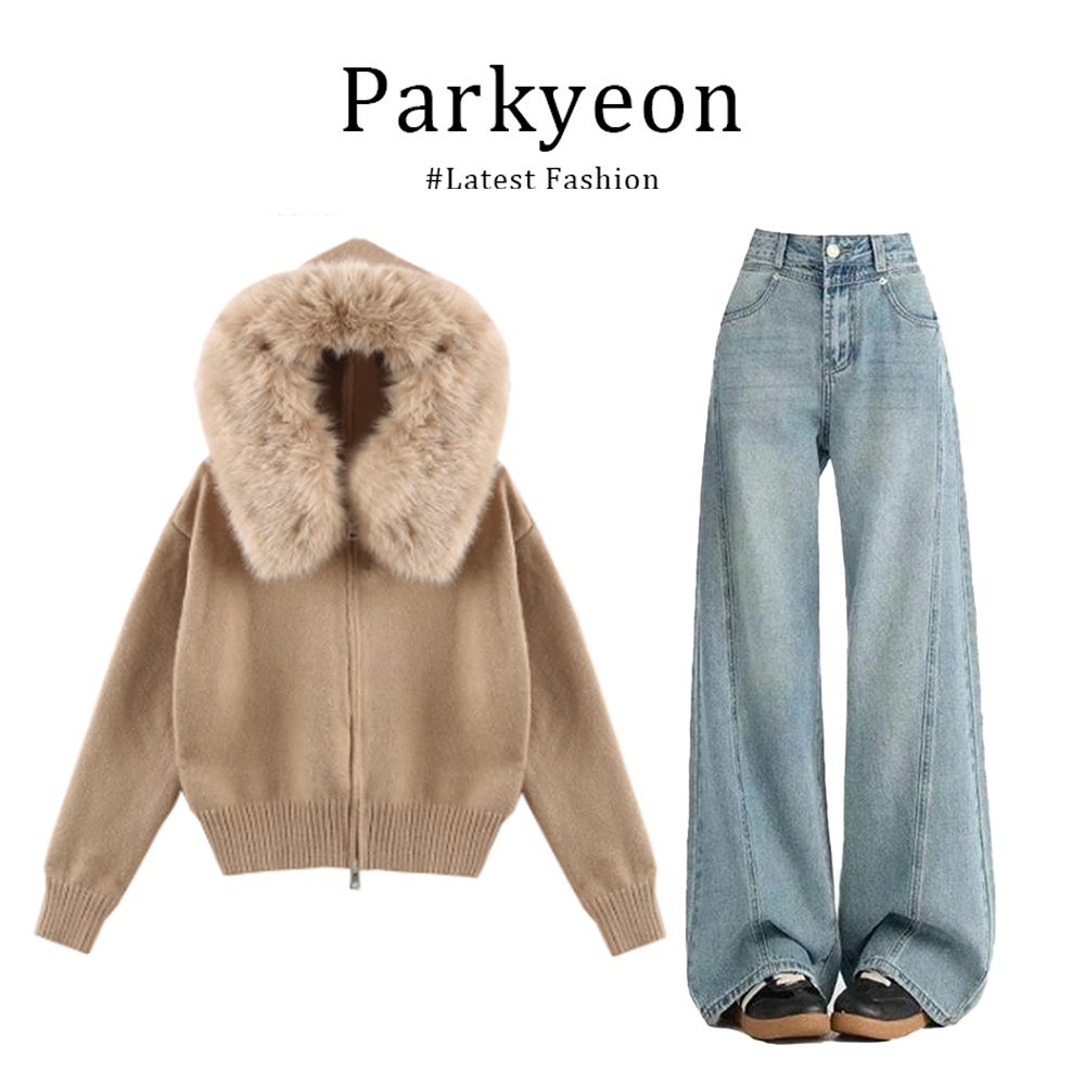 韩系千金毛领开衫外套2025秋冬新款牛仔裤巨好看早秋套装