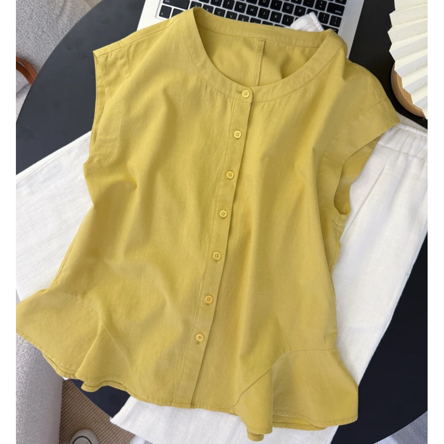 高级感超好看荷叶边小飞袖亚麻小衫衬衫女装夏季新款独特别致小衫