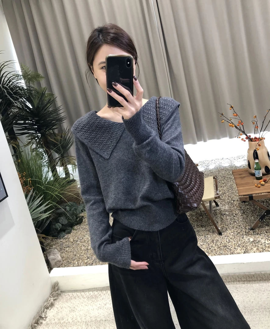高级感韩系复古翻领灰色针织衫上衣搭配高腰阔腿裤气质显瘦两件套
