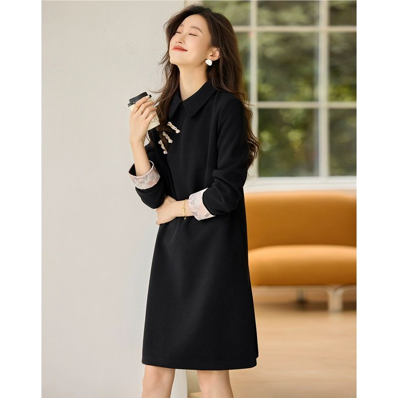 拼接设计感国风新中式休闲连衣裙2025秋冬新款翻领裙子女