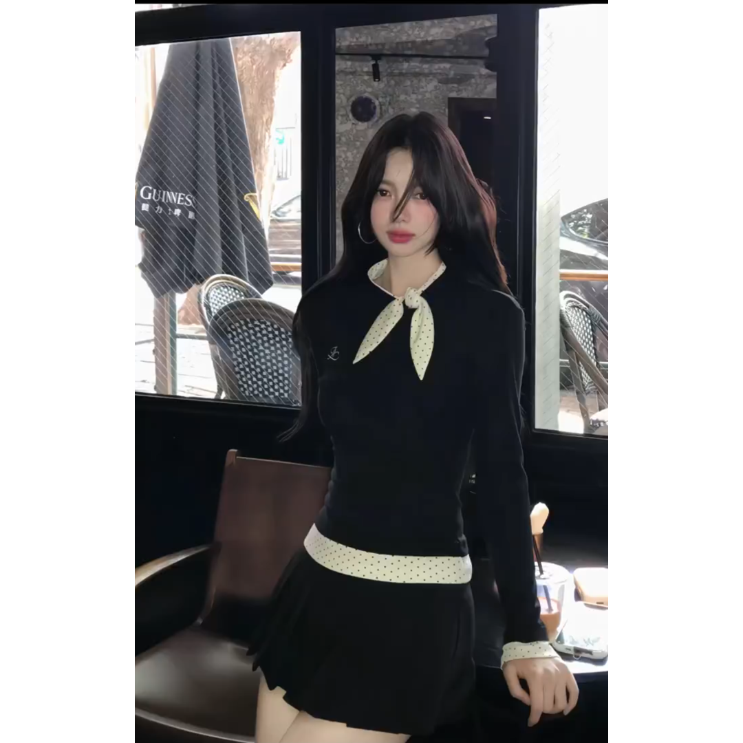 MARIE.COCO韩系chic秋季假两件长袖t恤女学院风减龄百褶裙两件套