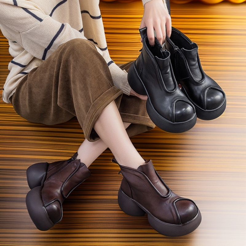 秋冬新款22650头层牛皮圆头粗跟松糕跟潮女式复古真皮短靴马丁靴