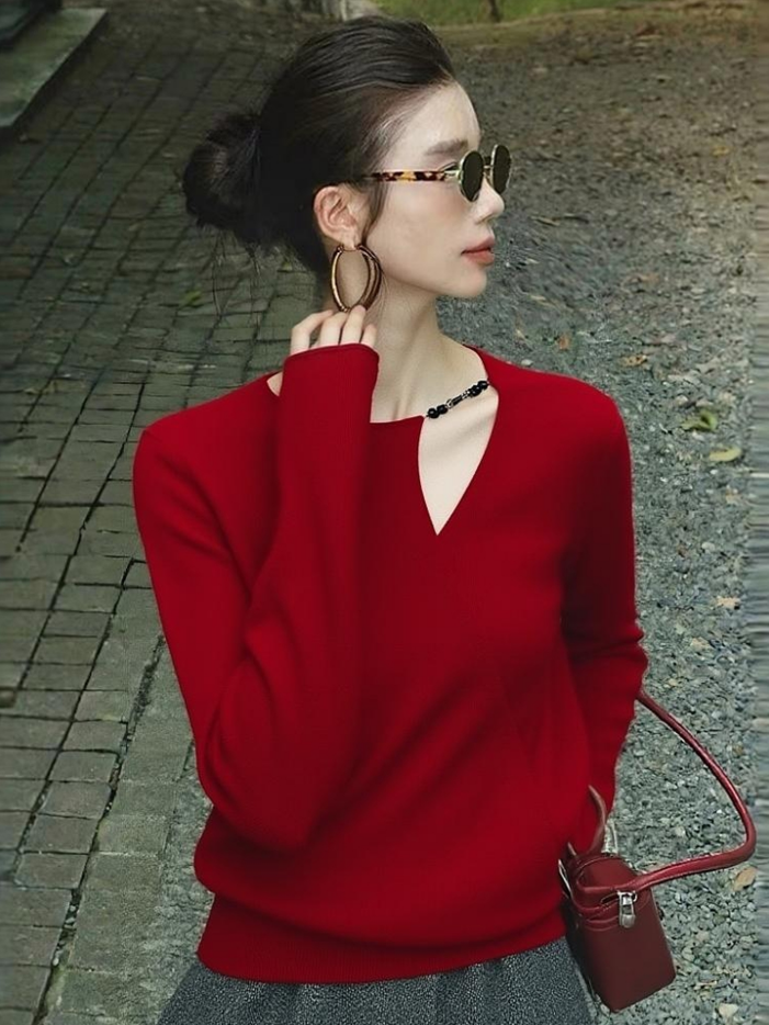 2025秋季高级感慵懒风独特别致T恤设计感小众不撞款红色针织衫女