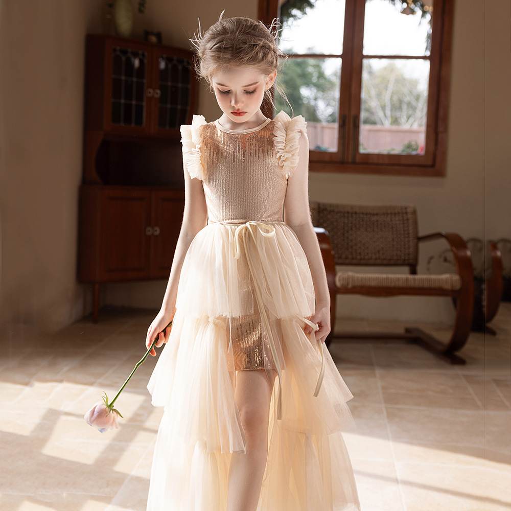 主持人女童礼服公主裙香槟色高端儿童花童婚礼钢琴比赛走秀晚礼服