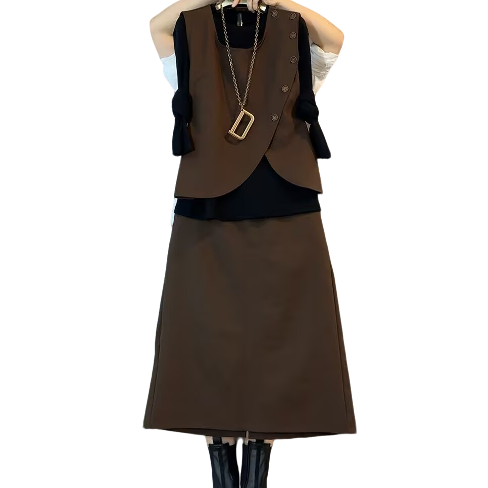 大维罗依JP欧货秋款纽扣设计款不规则显瘦三件套裙