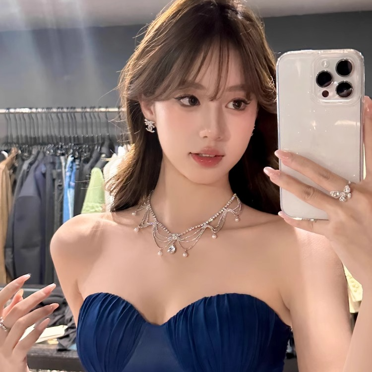 铜合金锆石项链 晚宴公主 银色水滴珍珠项链宴会晚礼服颈链配饰女