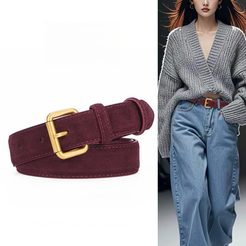 麂皮绒真皮腰带女安可拉红色皮带配牛仔裤复古2025新款设计感小众