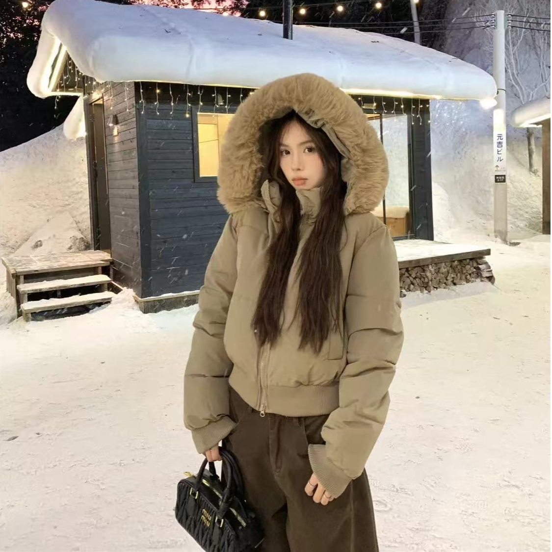 【鱼白又白】复古毛领连帽棉服外套女冬2025新款休闲宽松显瘦保暖